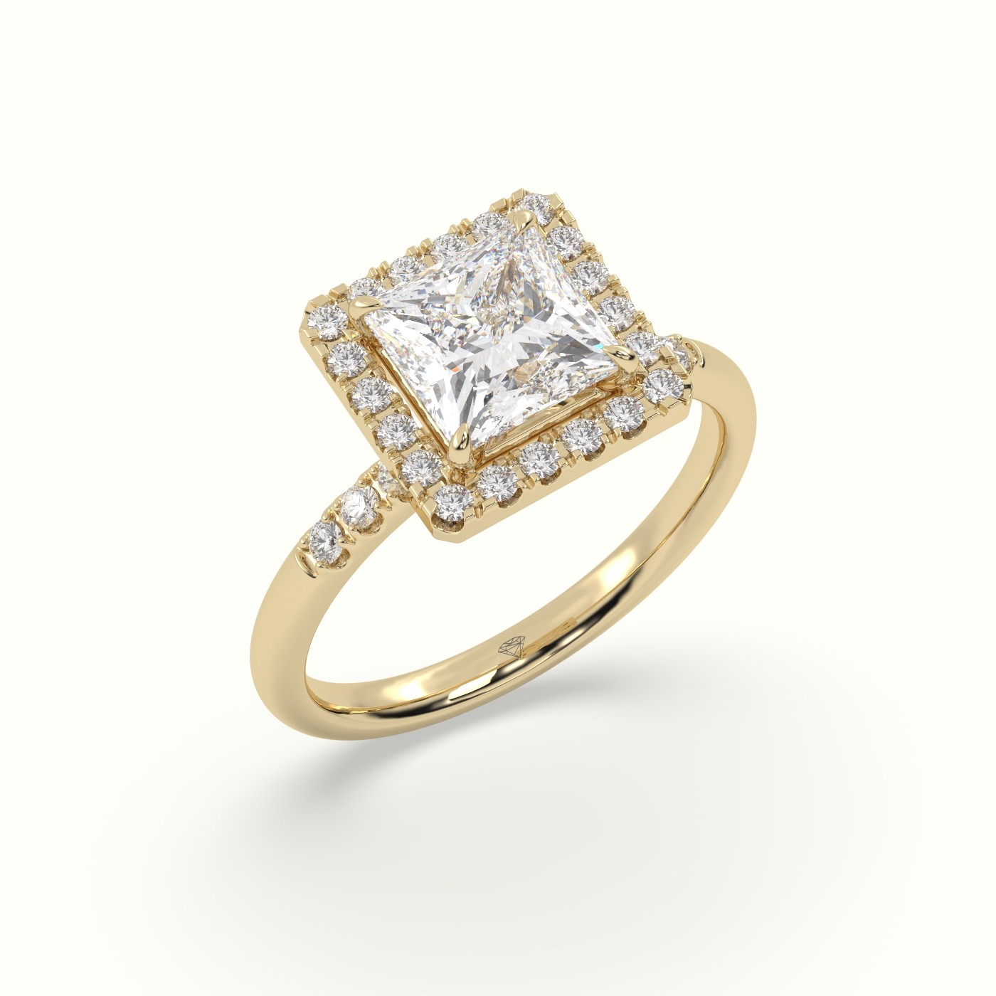 18K Yellow Gold Princess Cut Halo Diamond Engagement Ring