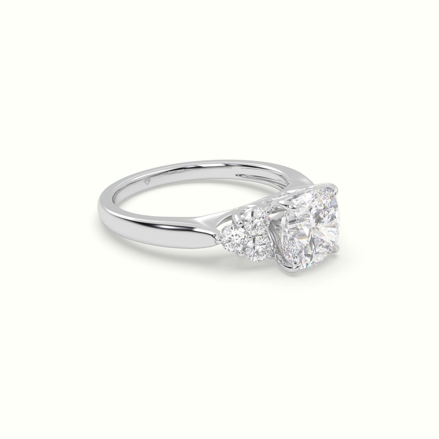 18K White Gold Cushion Cut Diamond Side Stone Engagement Ring