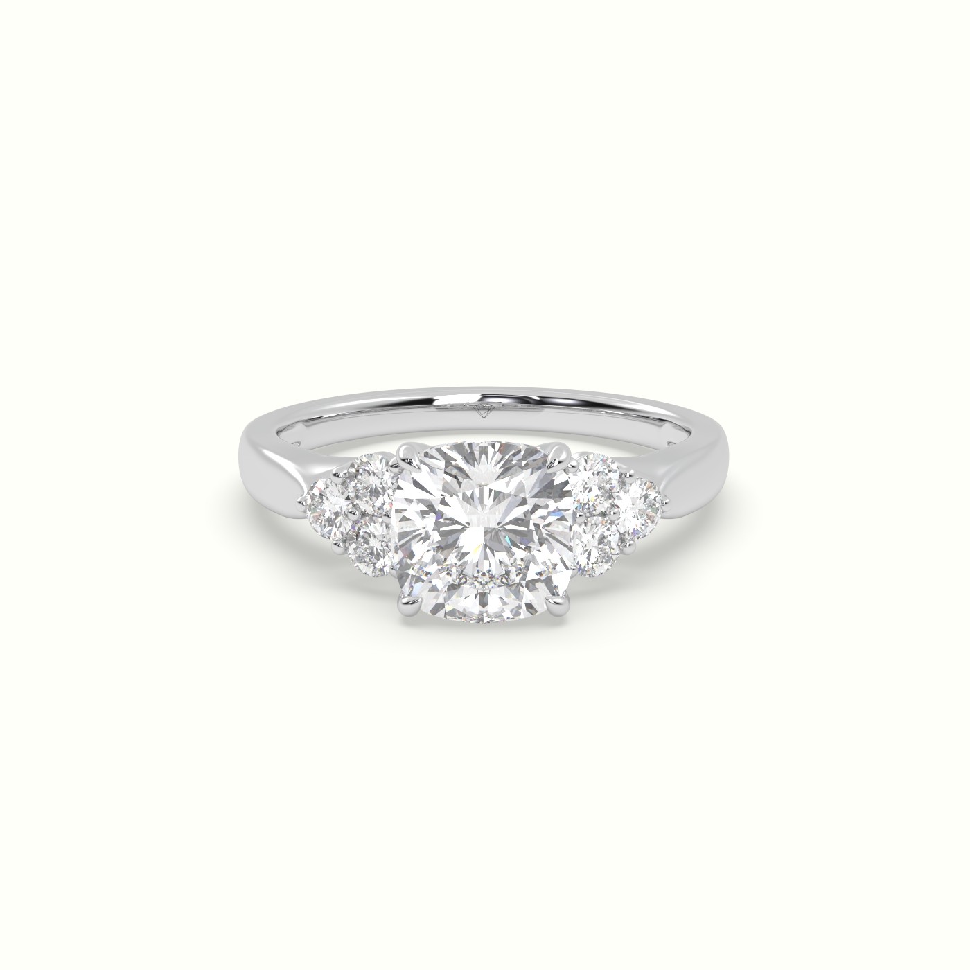 18K White Gold Cushion Cut Diamond Side Stone Engagement Ring
