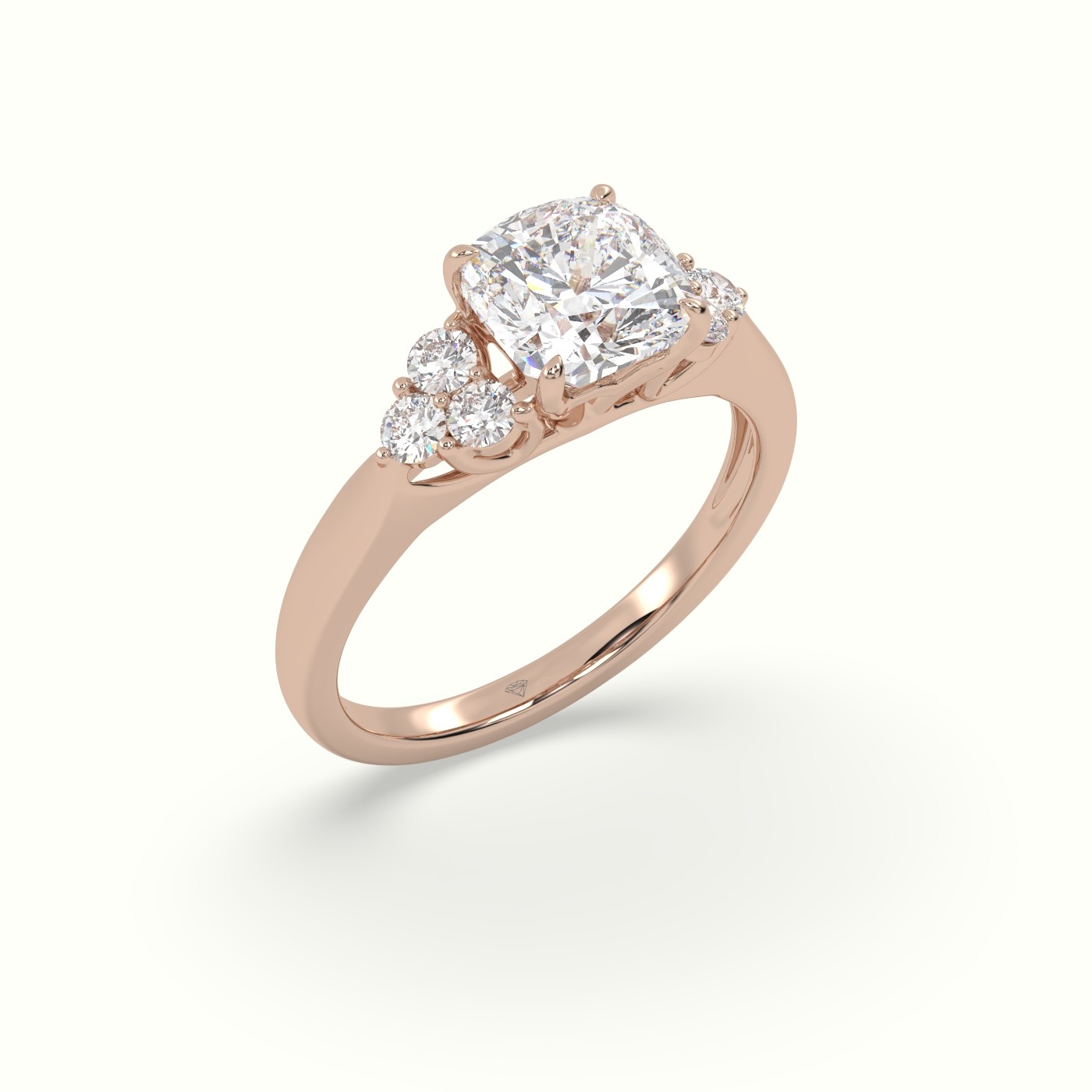 18K Rose Gold Cushion Cut Diamond Side Stone Engagement Ring