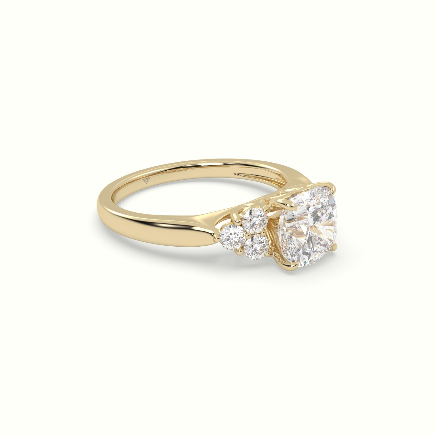 18K Yellow Gold Cushion Cut Diamond Side Stone Engagement Ring