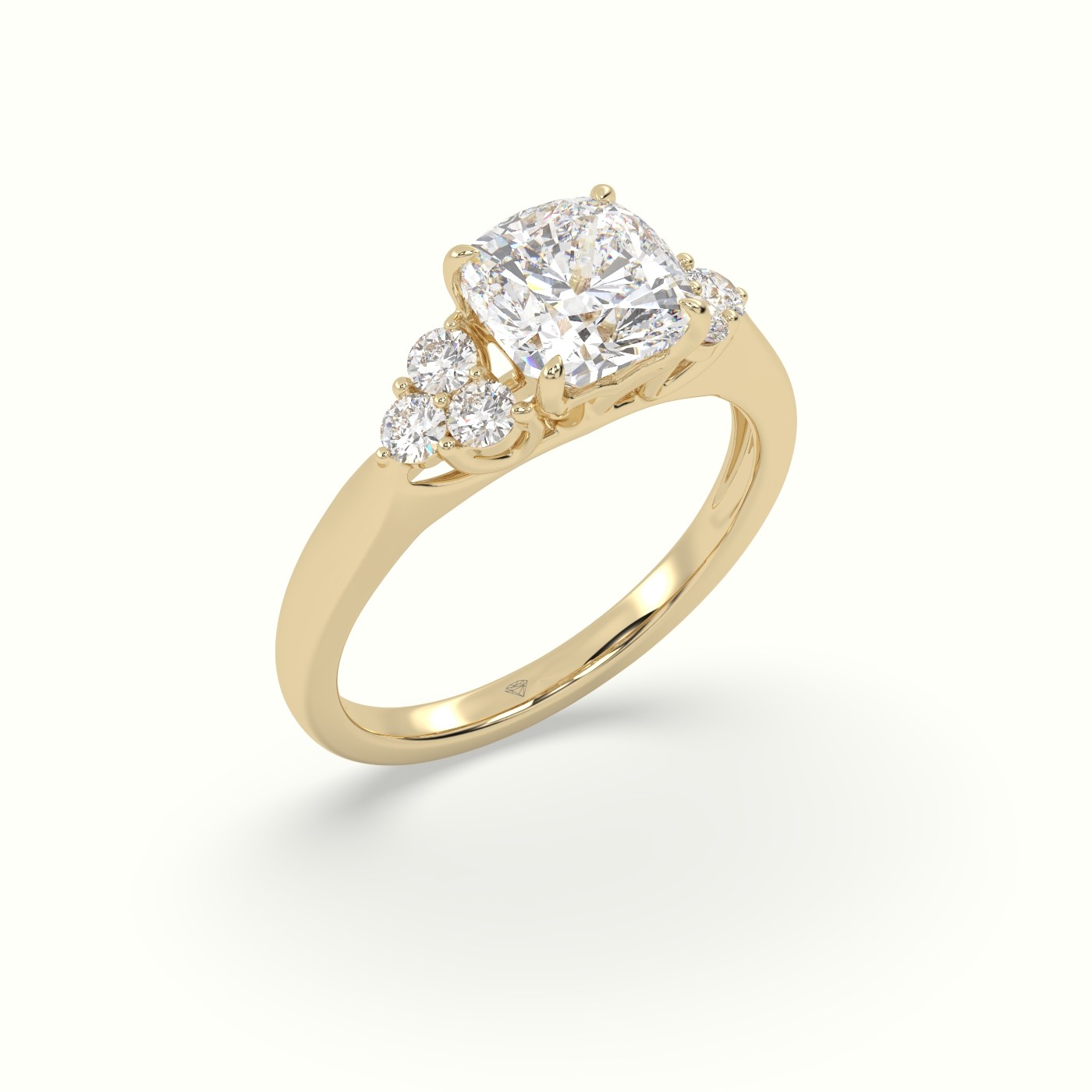 18K Yellow Gold Cushion Cut Diamond Side Stone Engagement Ring