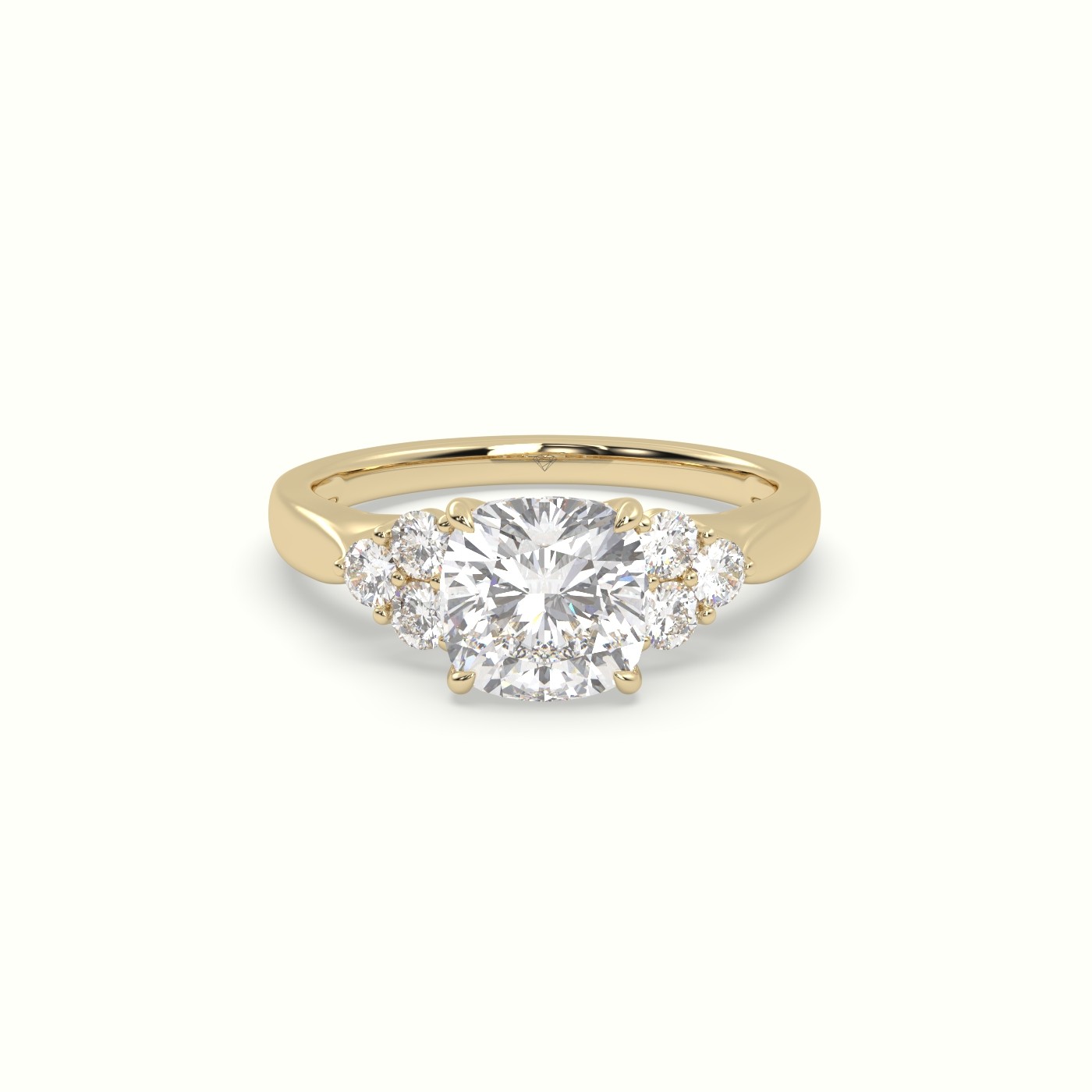 18K Yellow Gold Cushion Cut Diamond Side Stone Engagement Ring