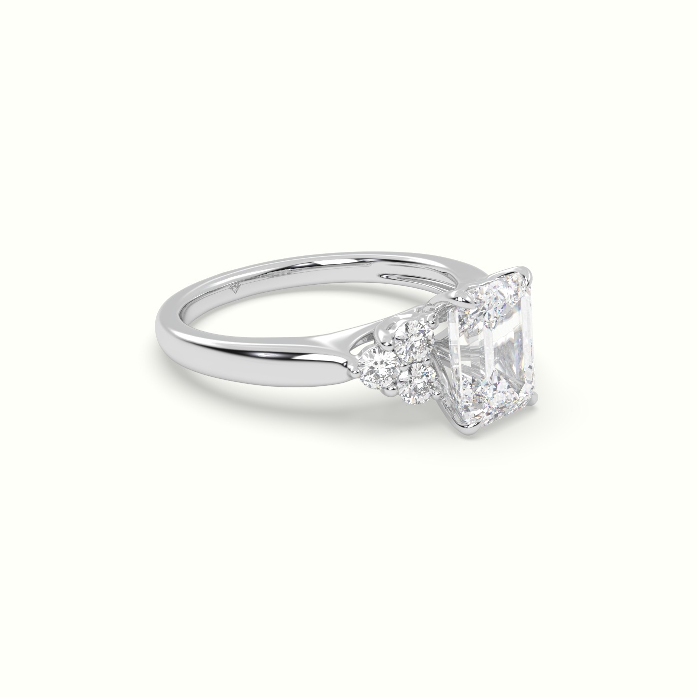 18K White Gold Emerald Cut Diamond Side Stone Engagement Ring