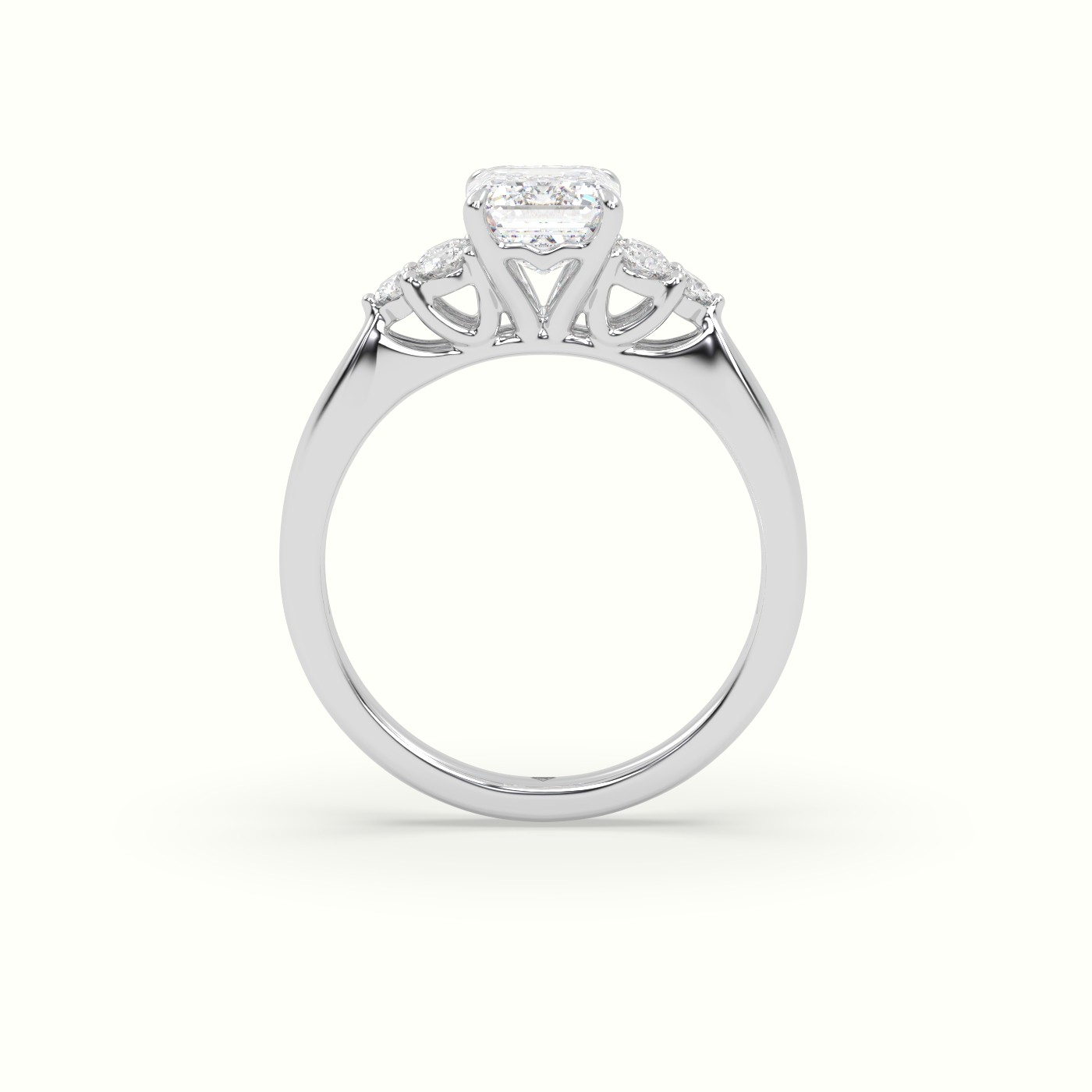 18K White Gold Emerald Cut Diamond Side Stone Engagement Ring