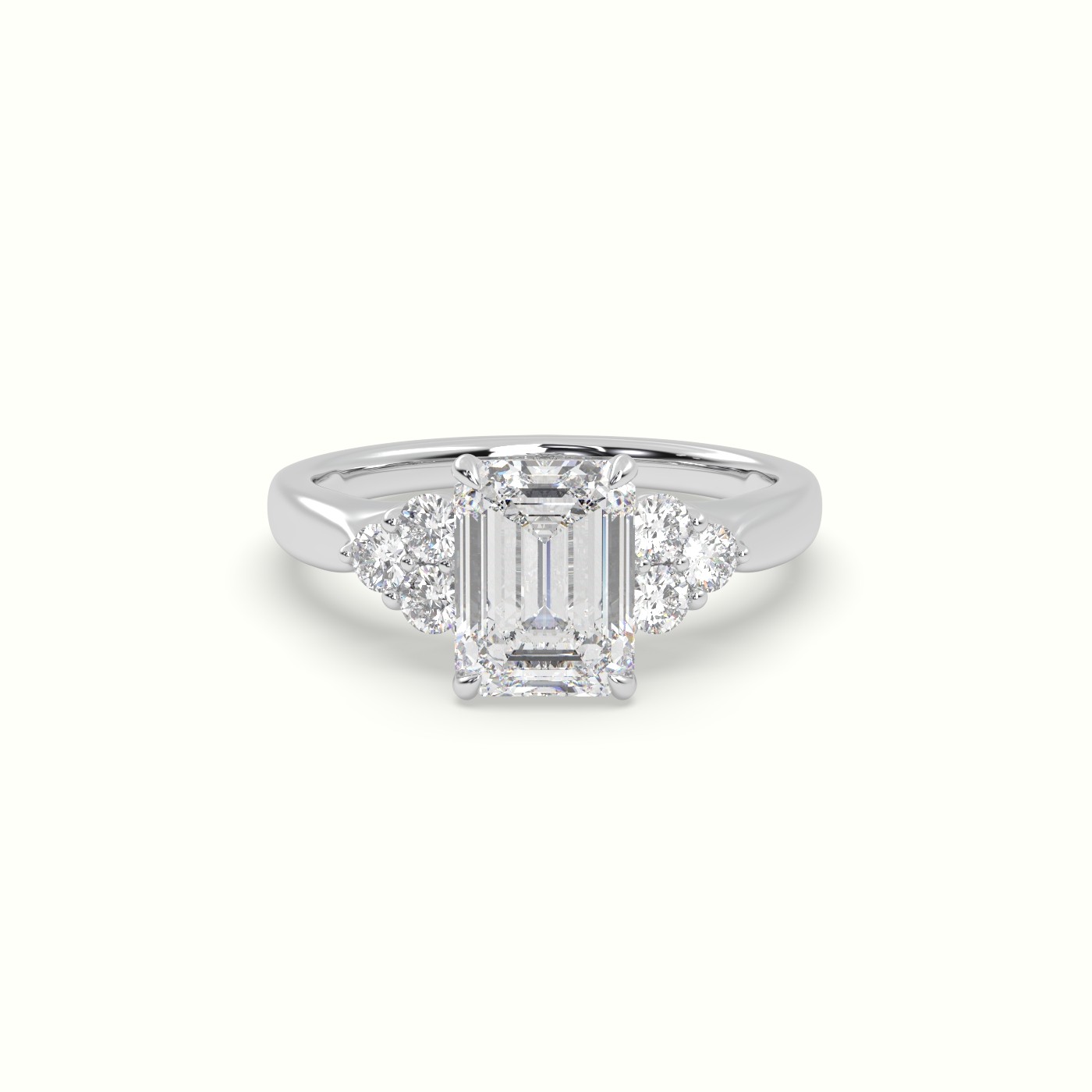 18K White Gold Emerald Cut Diamond Side Stone Engagement Ring