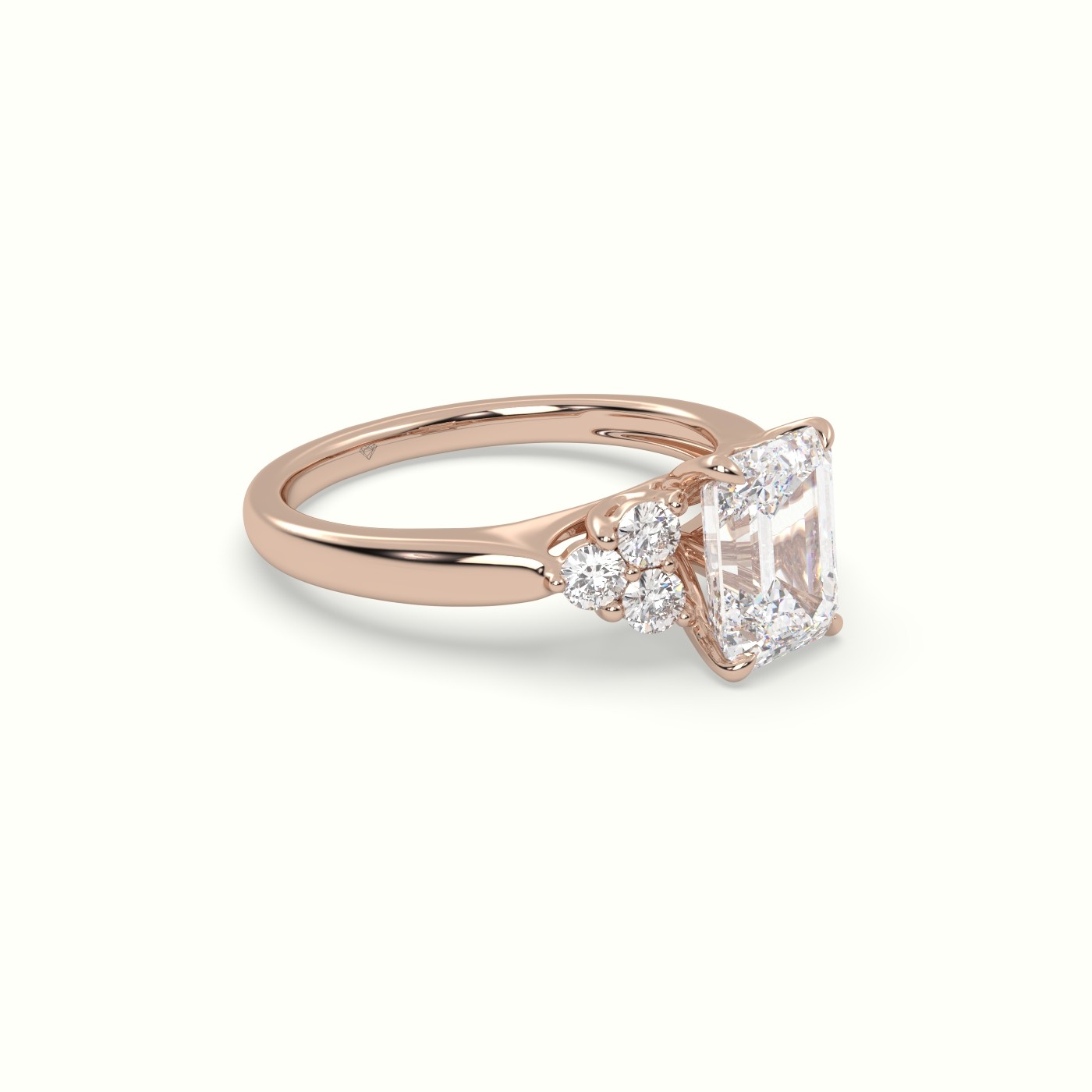 18K Rose Gold Emerald Cut Diamond Side Stone Engagement Ring