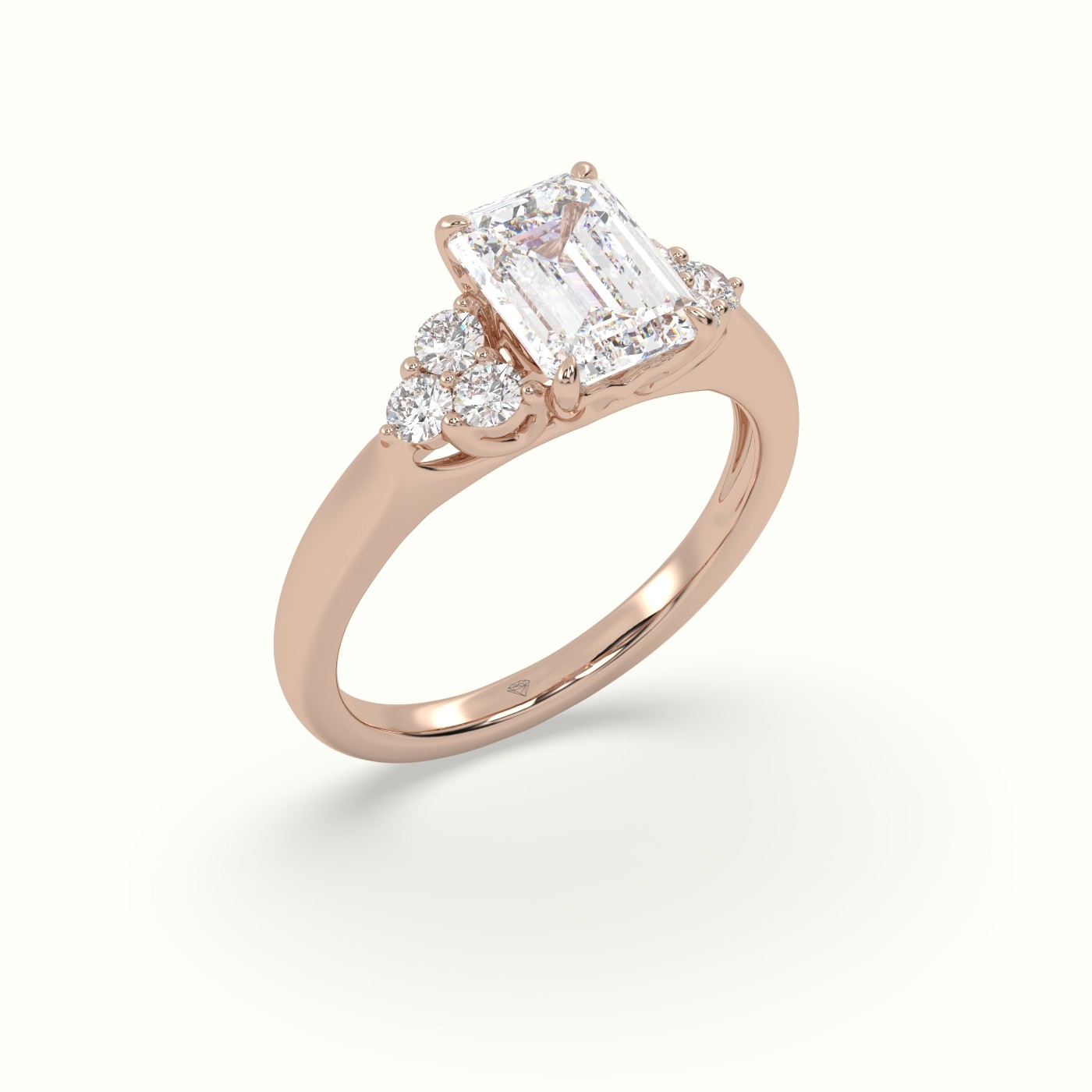 18K Rose Gold Emerald Cut Diamond Side Stone Engagement Ring