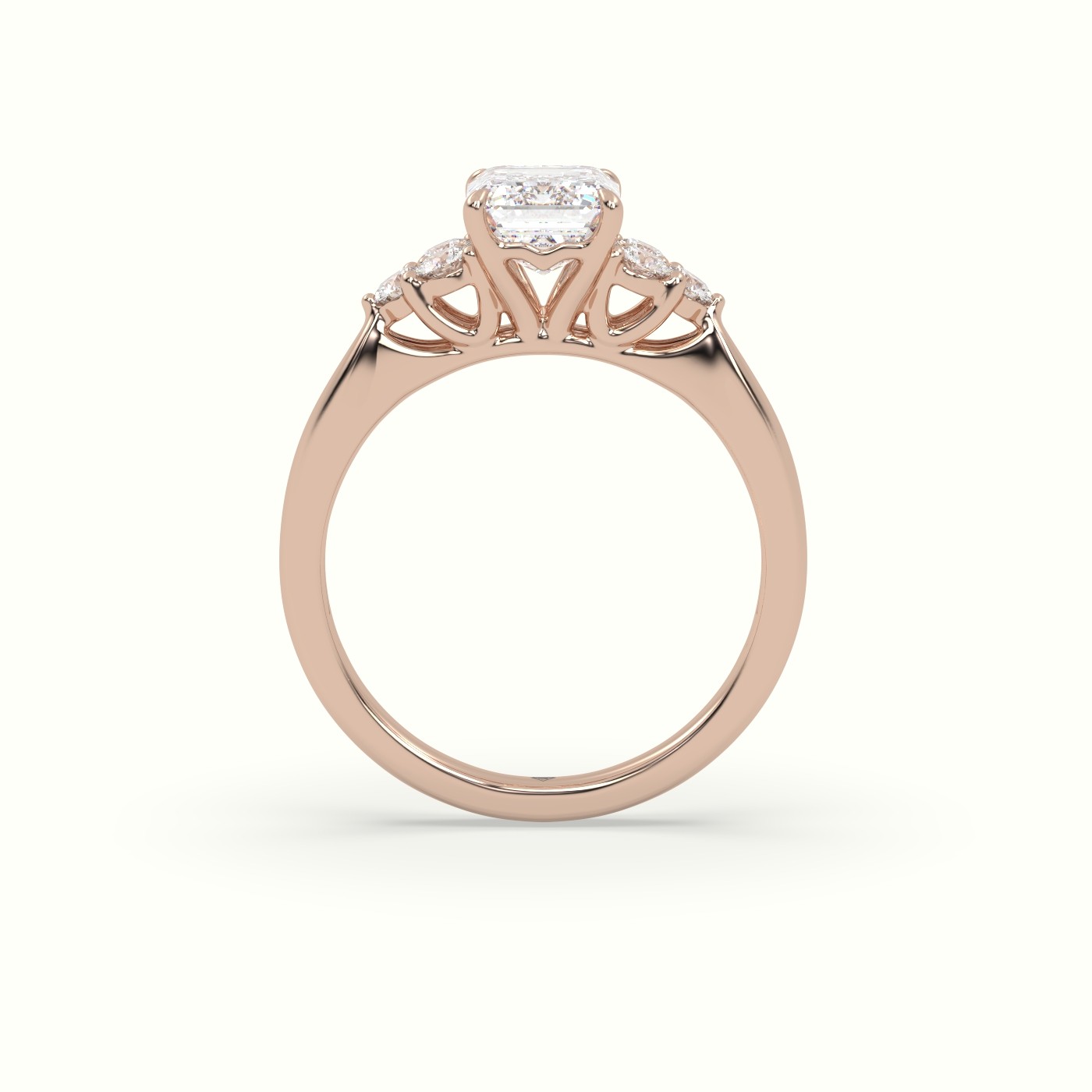 18K Rose Gold Emerald Cut Diamond Side Stone Engagement Ring