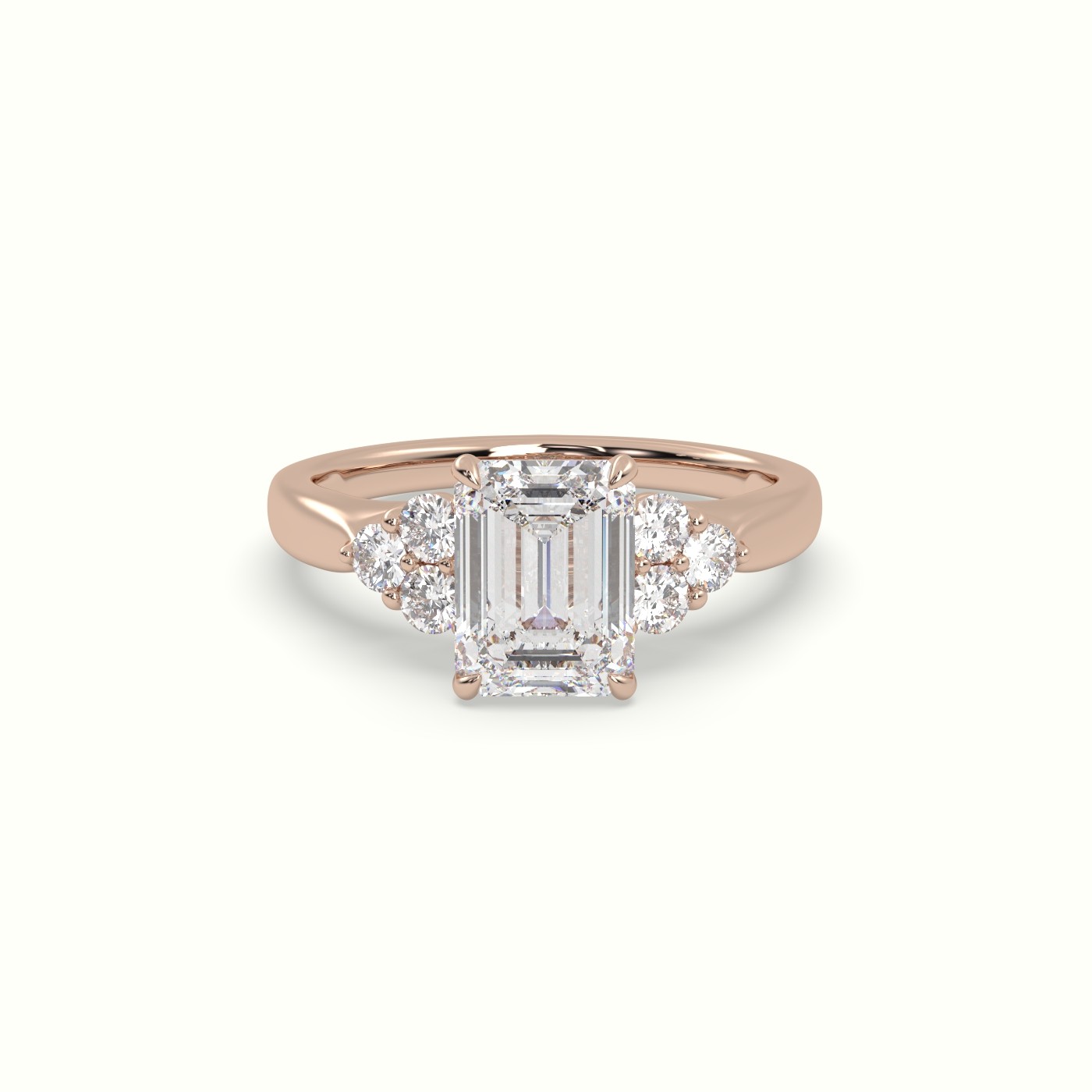 18K Rose Gold Emerald Cut Diamond Side Stone Engagement Ring