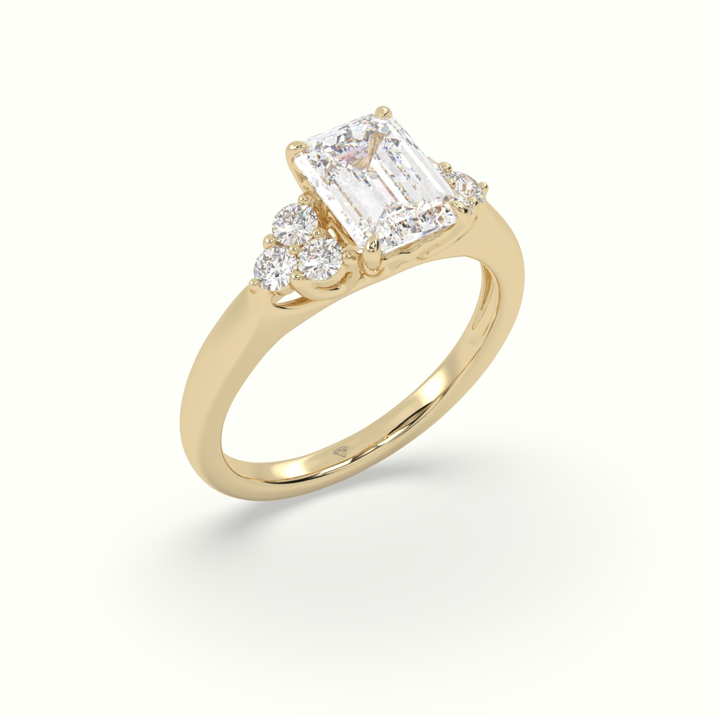 18K Yellow Gold Emerald Cut Diamond Side Stone Engagement Ring