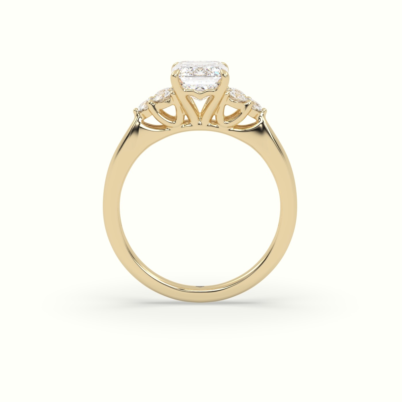 18K Yellow Gold Emerald Cut Diamond Side Stone Engagement Ring