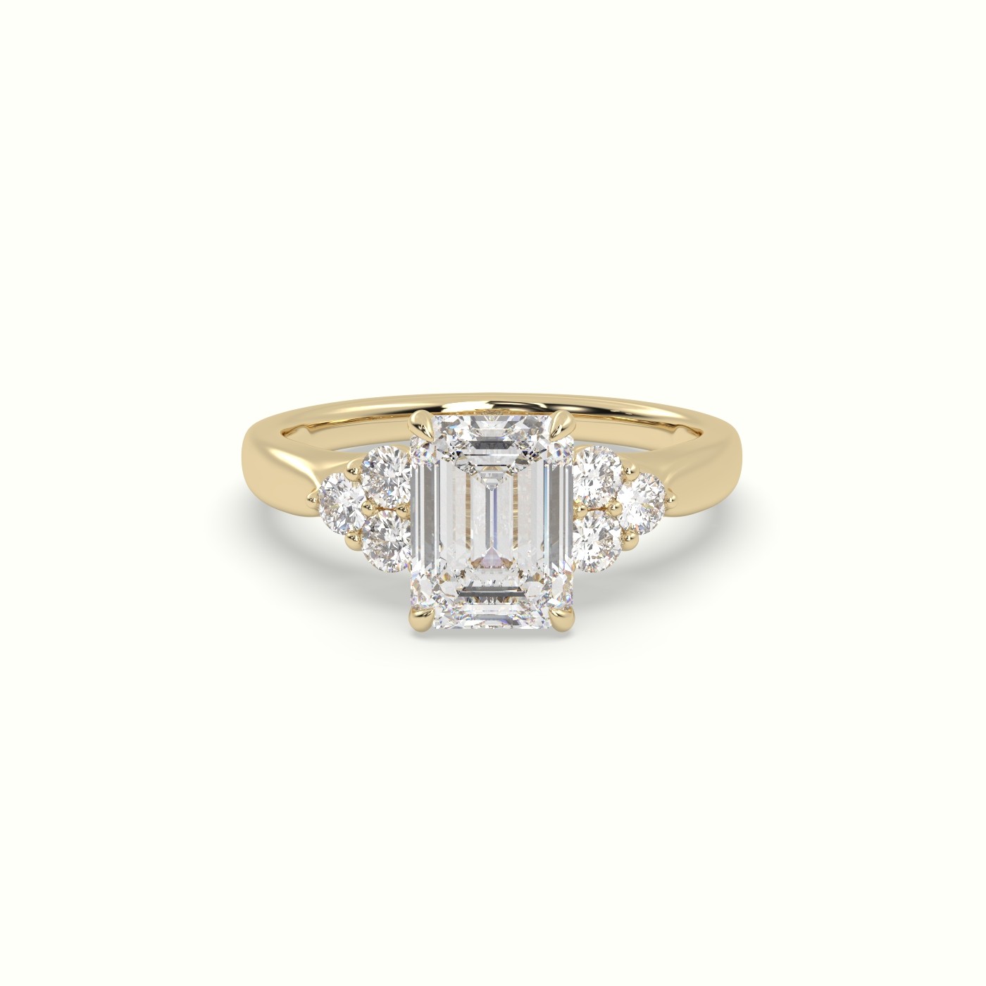 18K Yellow Gold Emerald Cut Diamond Side Stone Engagement Ring