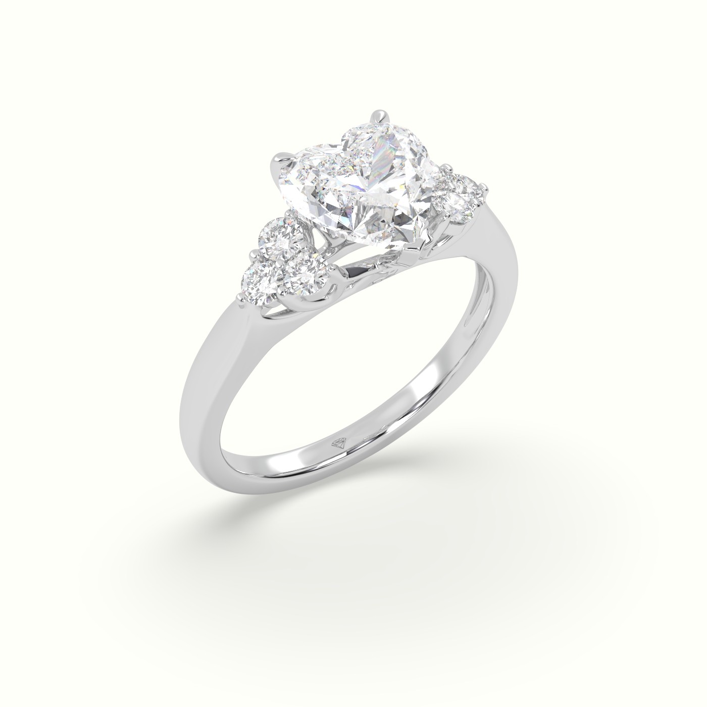 18K White Gold Heart Cut Diamond Side Stone Engagement Ring