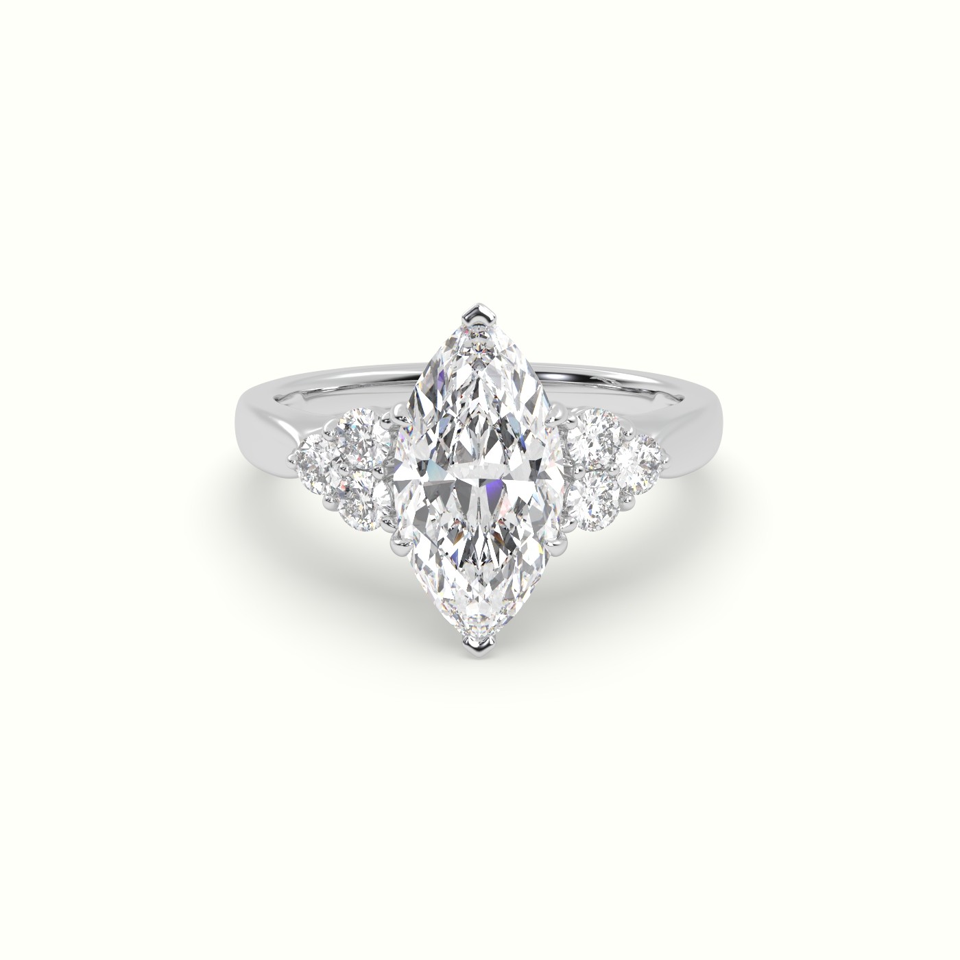 18K White Gold Marquise Cut Diamond Engagement Ring with Side Stones