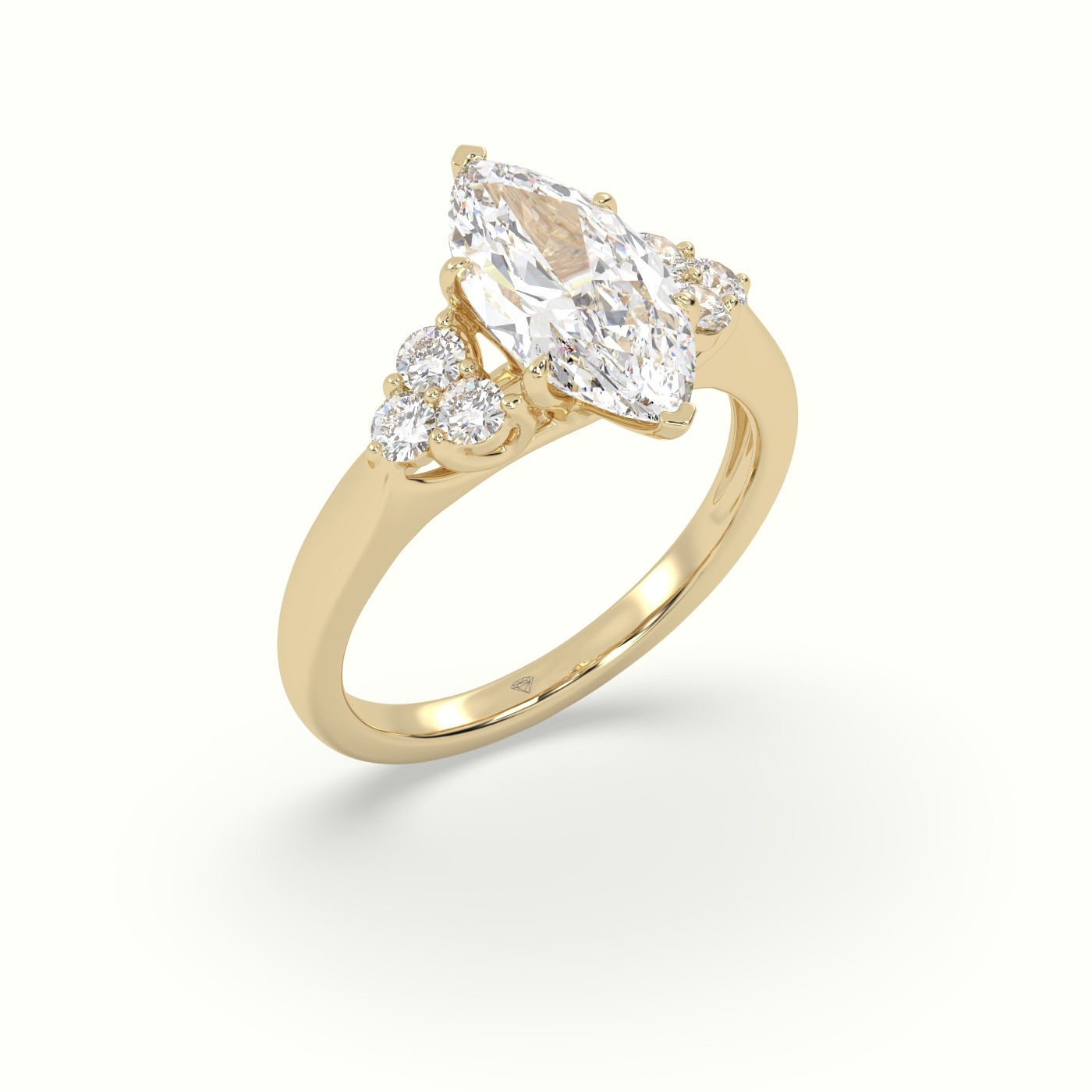 18K Yellow Gold Marquise Cut Diamond Engagement Ring with Side Stones