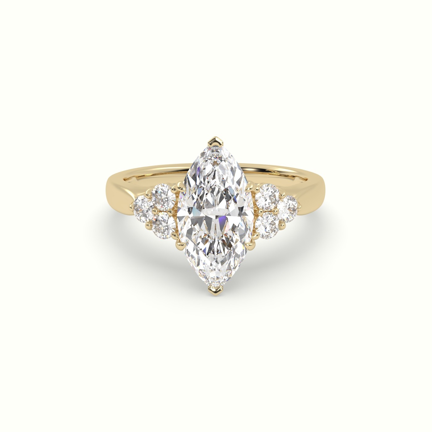 18K Yellow Gold Marquise Cut Diamond Engagement Ring with Side Stones