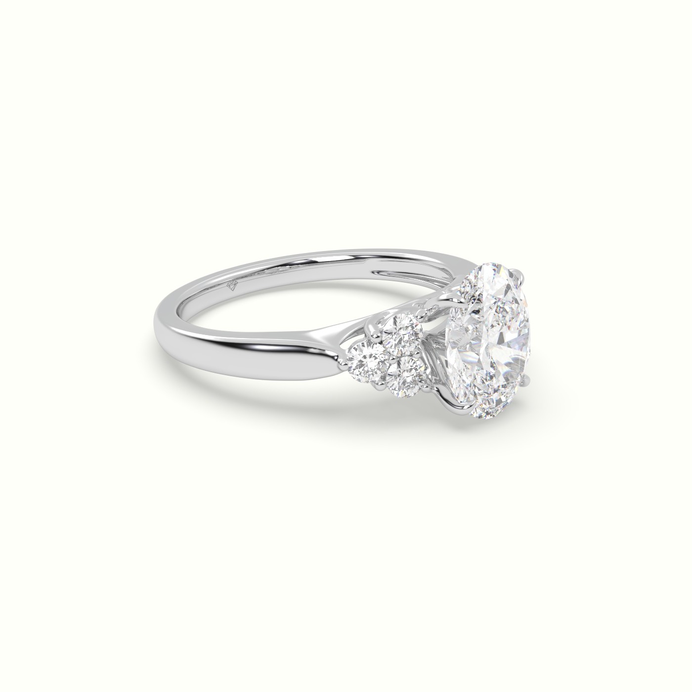 18K White Gold Oval Cut Diamond Side Stone Engagement Ring