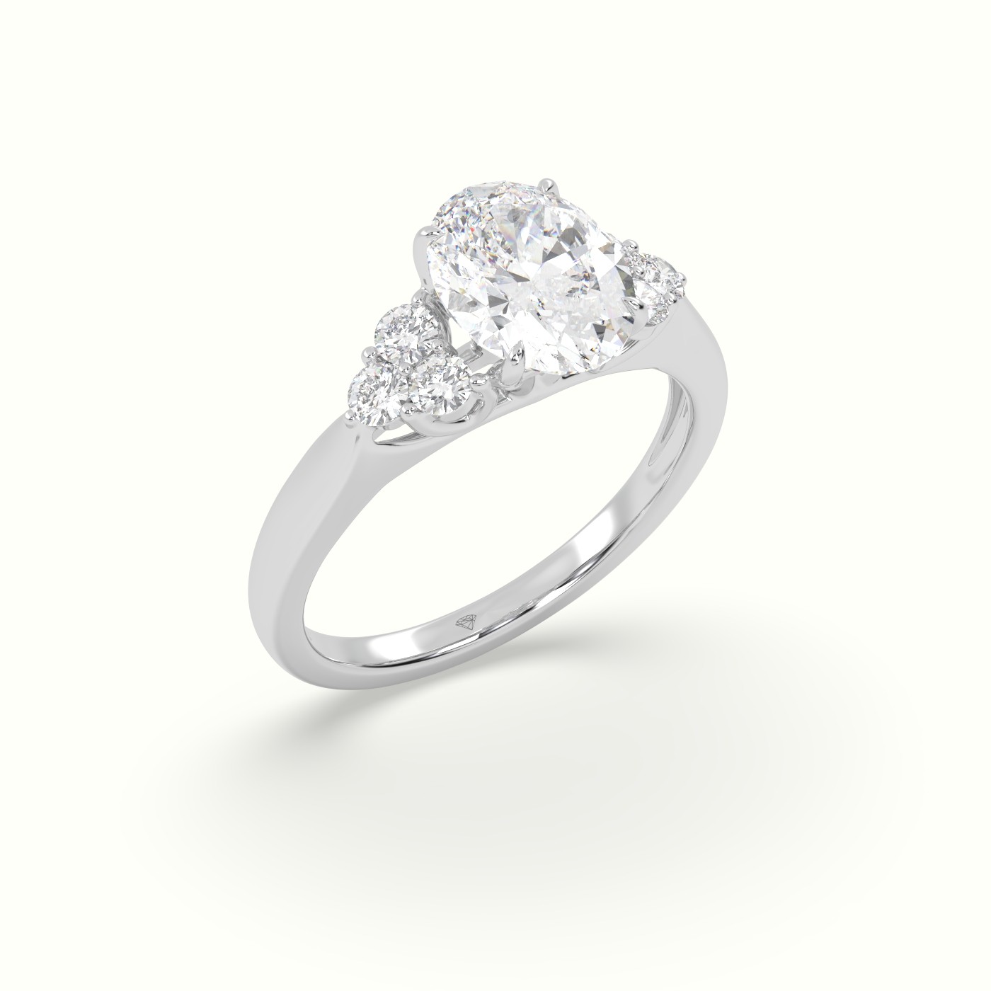 18K White Gold Oval Cut Diamond Side Stone Engagement Ring