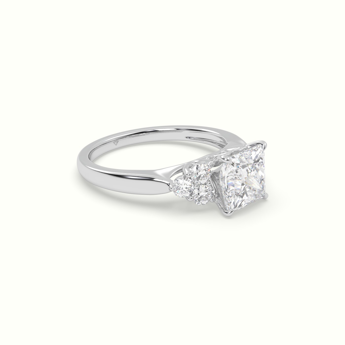 18K White Gold Princess Cut Diamond Side Stone Engagement Ring