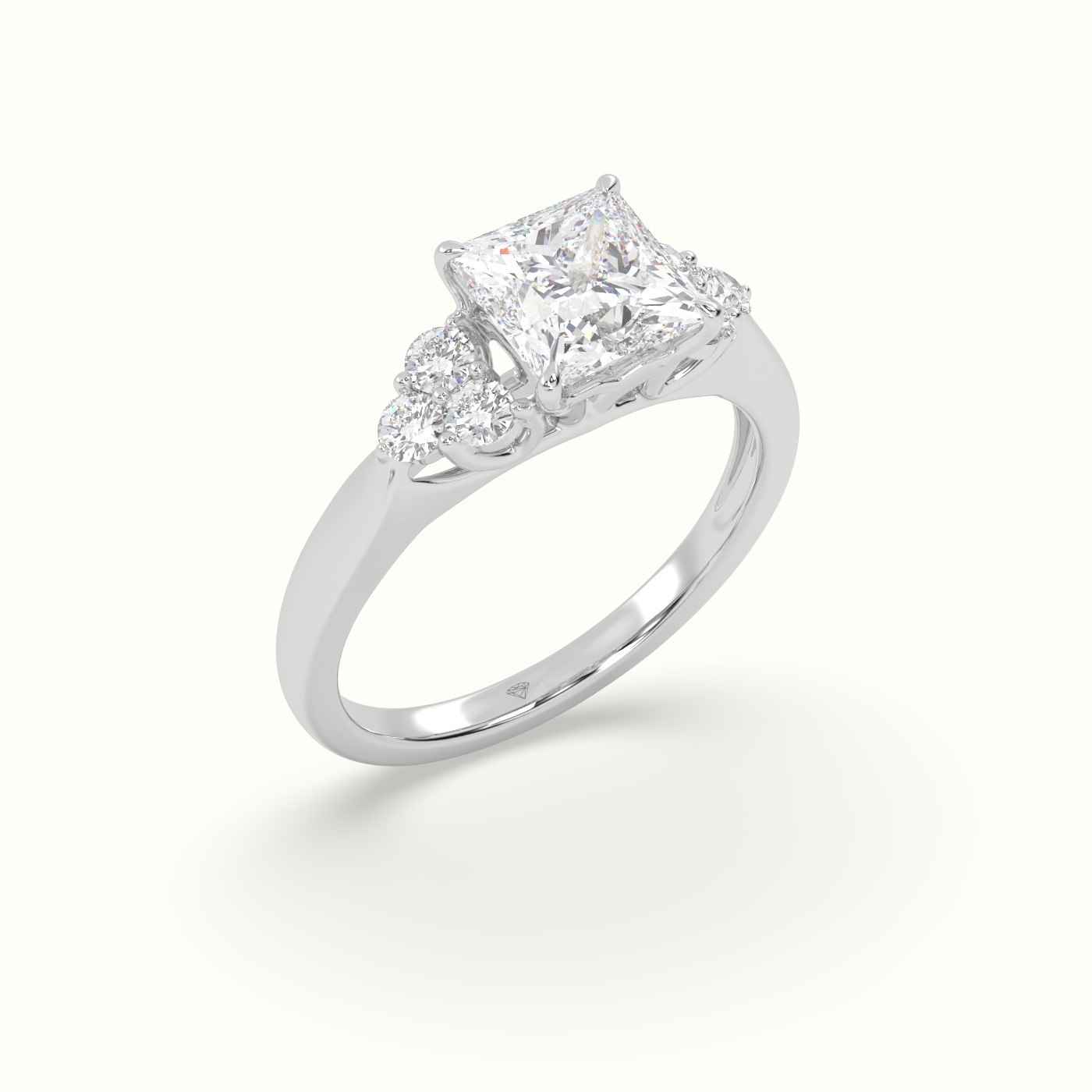 18K White Gold Princess Cut Diamond Side Stone Engagement Ring