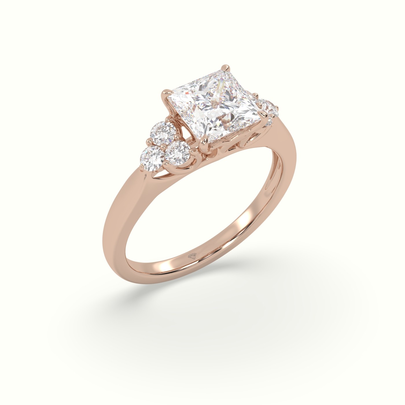 18K Rose Gold Princess Cut Diamond Side Stone Engagement Ring