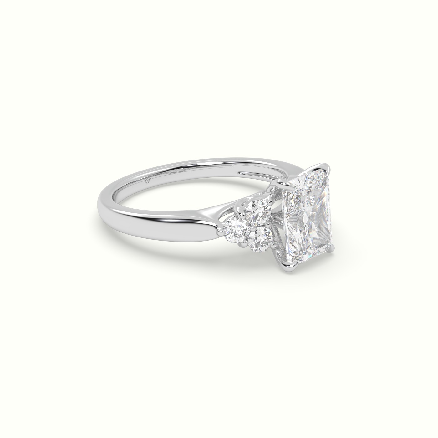 18K White Gold Radiant Cut Diamond Side Stone Engagement Ring