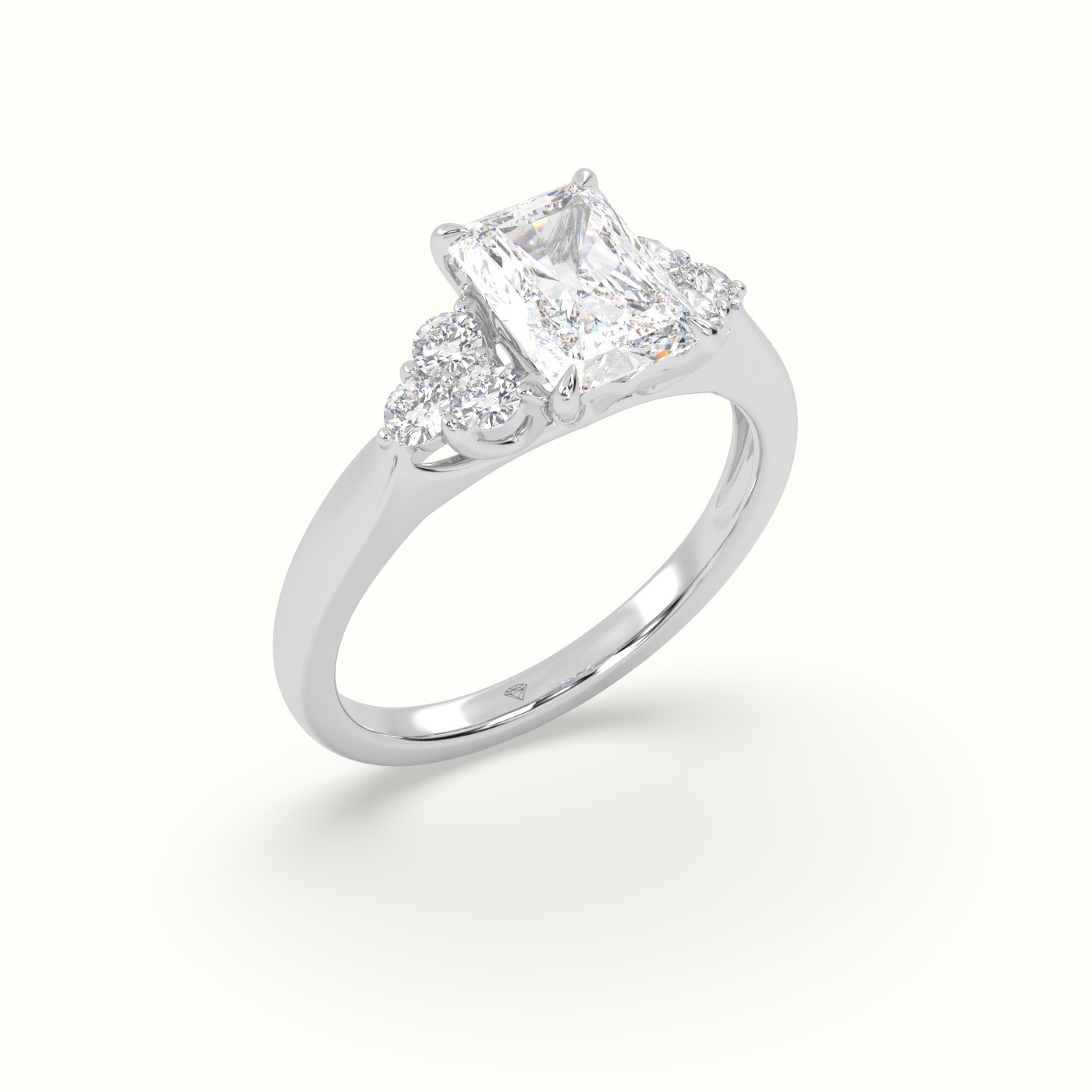 18K White Gold Radiant Cut Diamond Side Stone Engagement Ring
