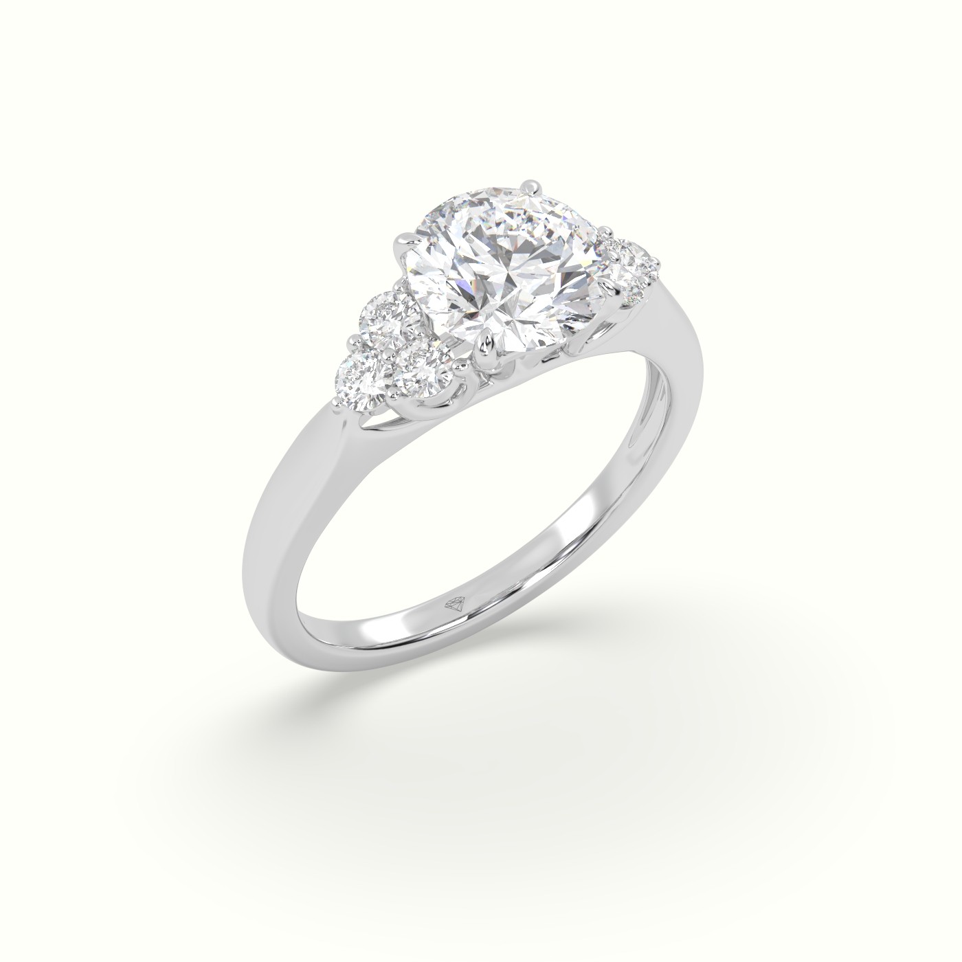 18K White Gold Round Cut Diamond Side Stone Engagement Ring