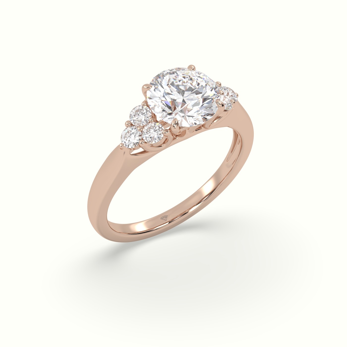 18K Rose Gold Round Cut Diamond Side Stone Engagement Ring