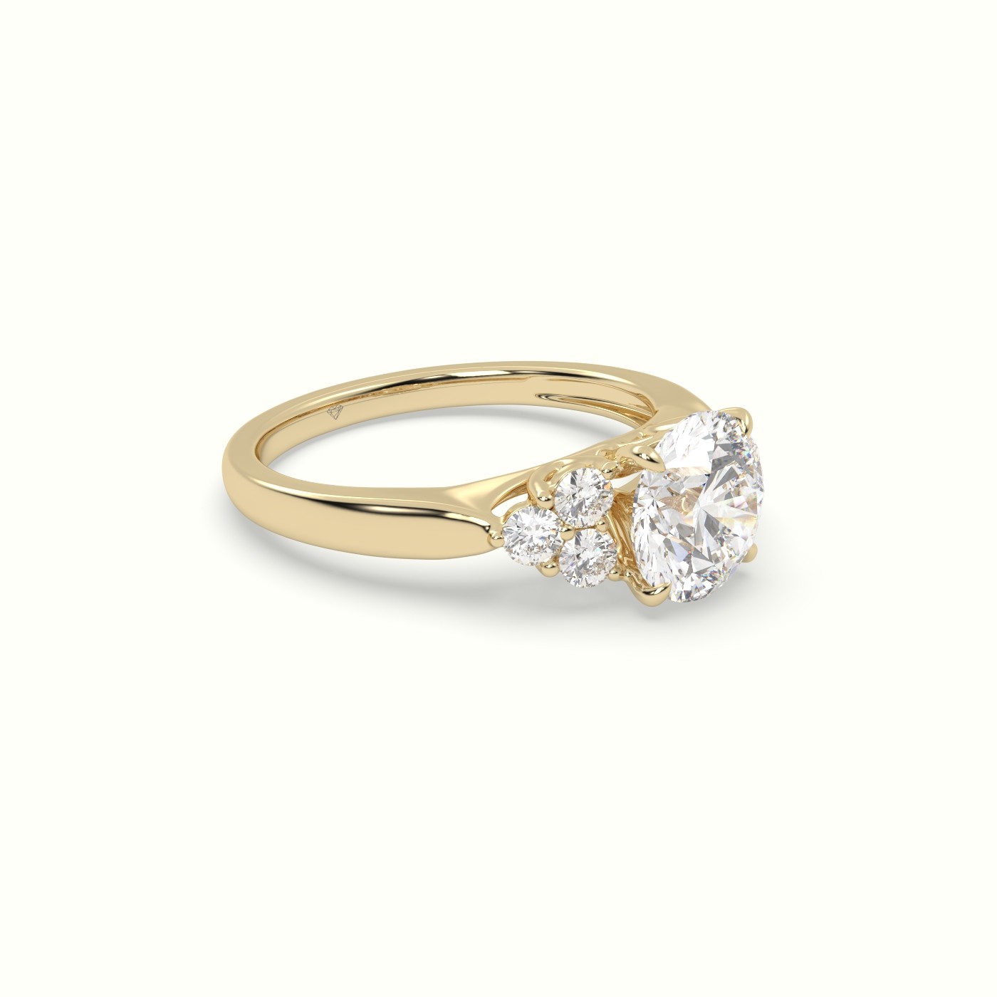 18K Yellow Gold Round Cut Diamond Side Stone Engagement Ring