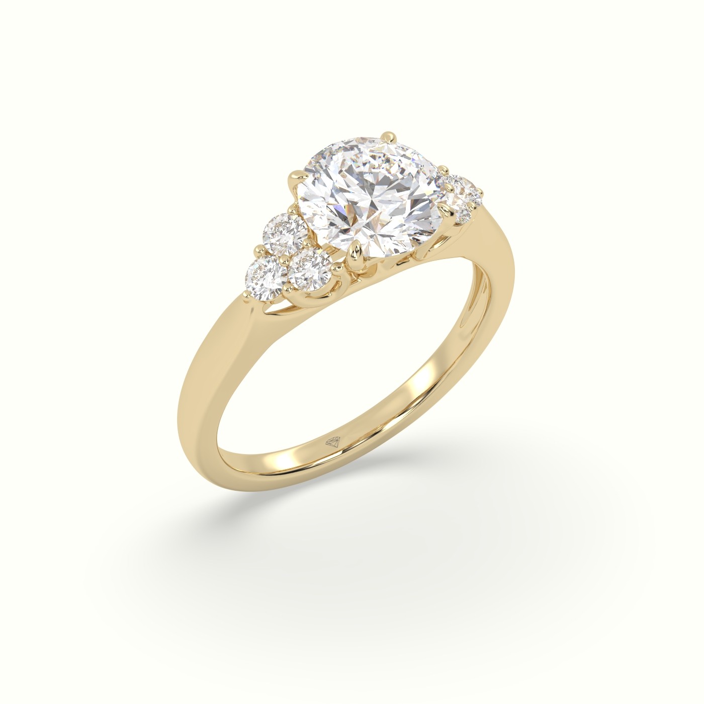 18K Yellow Gold Round Cut Diamond Side Stone Engagement Ring