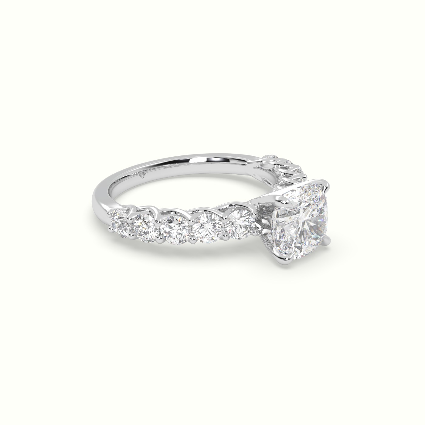 18K White Gold Cushion Cut Diamond Engagement Ring with Side Stones