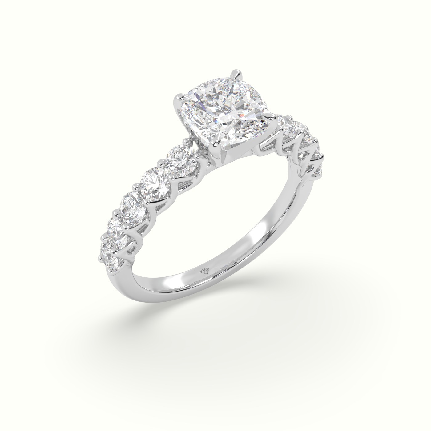 18K White Gold Cushion Cut Diamond Engagement Ring with Side Stones