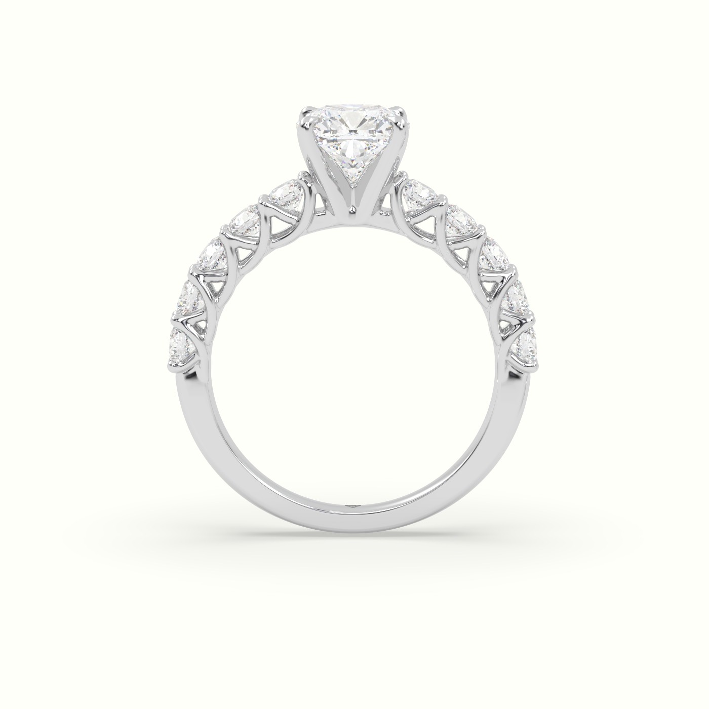 18K White Gold Cushion Cut Diamond Engagement Ring with Side Stones
