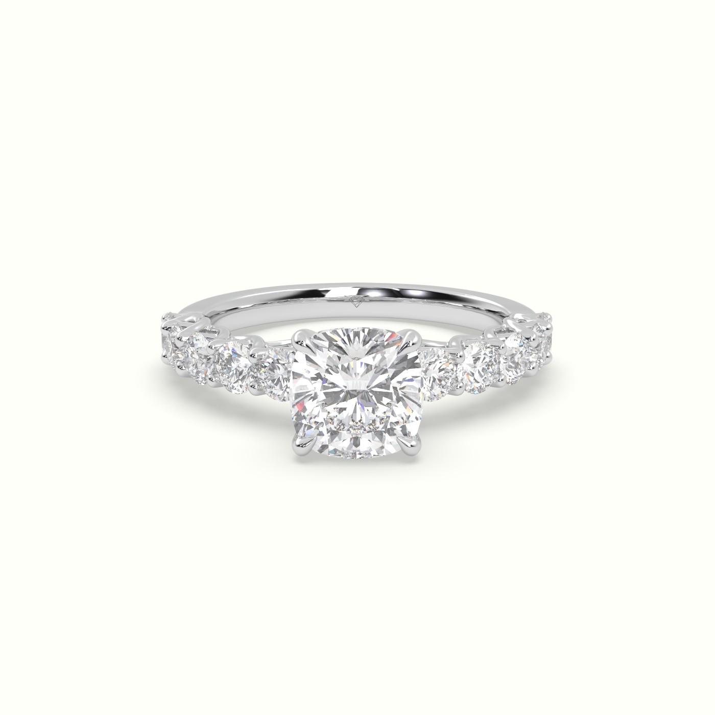 18K White Gold Cushion Cut Diamond Engagement Ring with Side Stones
