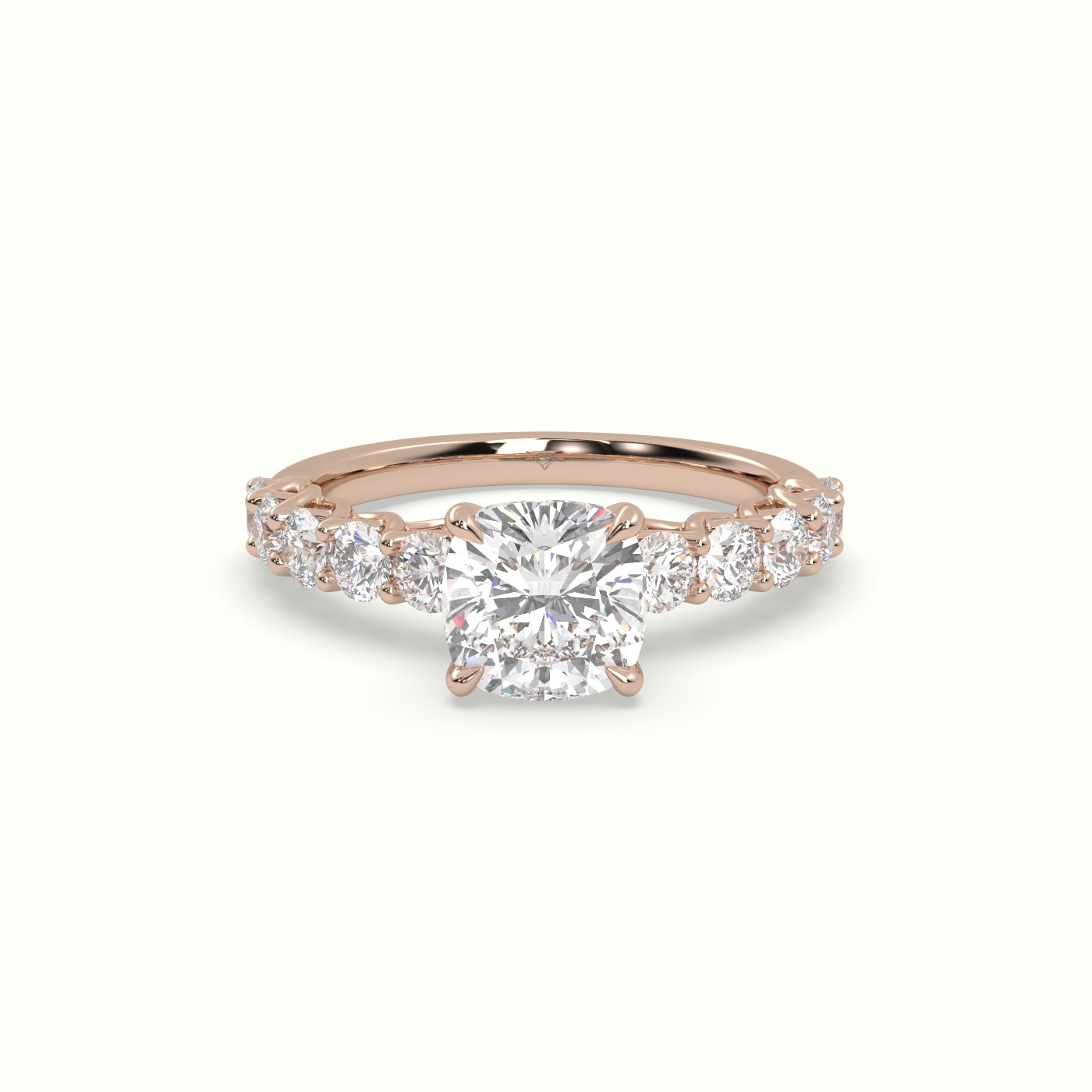 18K Rose Gold Cushion Cut Diamond Engagement Ring with Side Stones