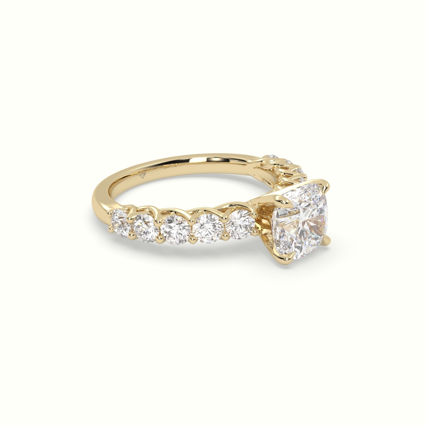 18K Yellow Gold Cushion Cut Diamond Engagement Ring with Side Stones