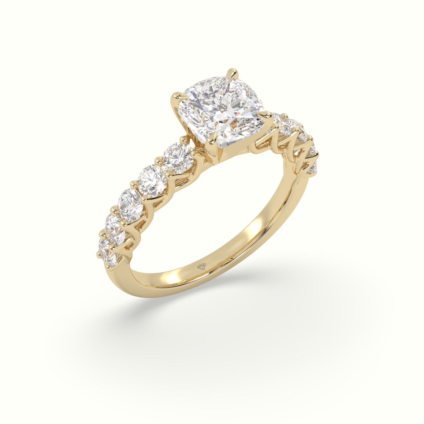 18K Yellow Gold Cushion Cut Diamond Engagement Ring with Side Stones