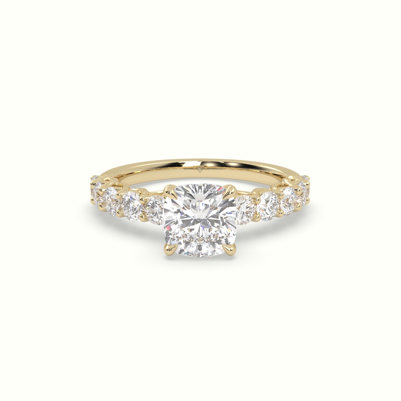 18K Yellow Gold Cushion Cut Diamond Engagement Ring with Side Stones