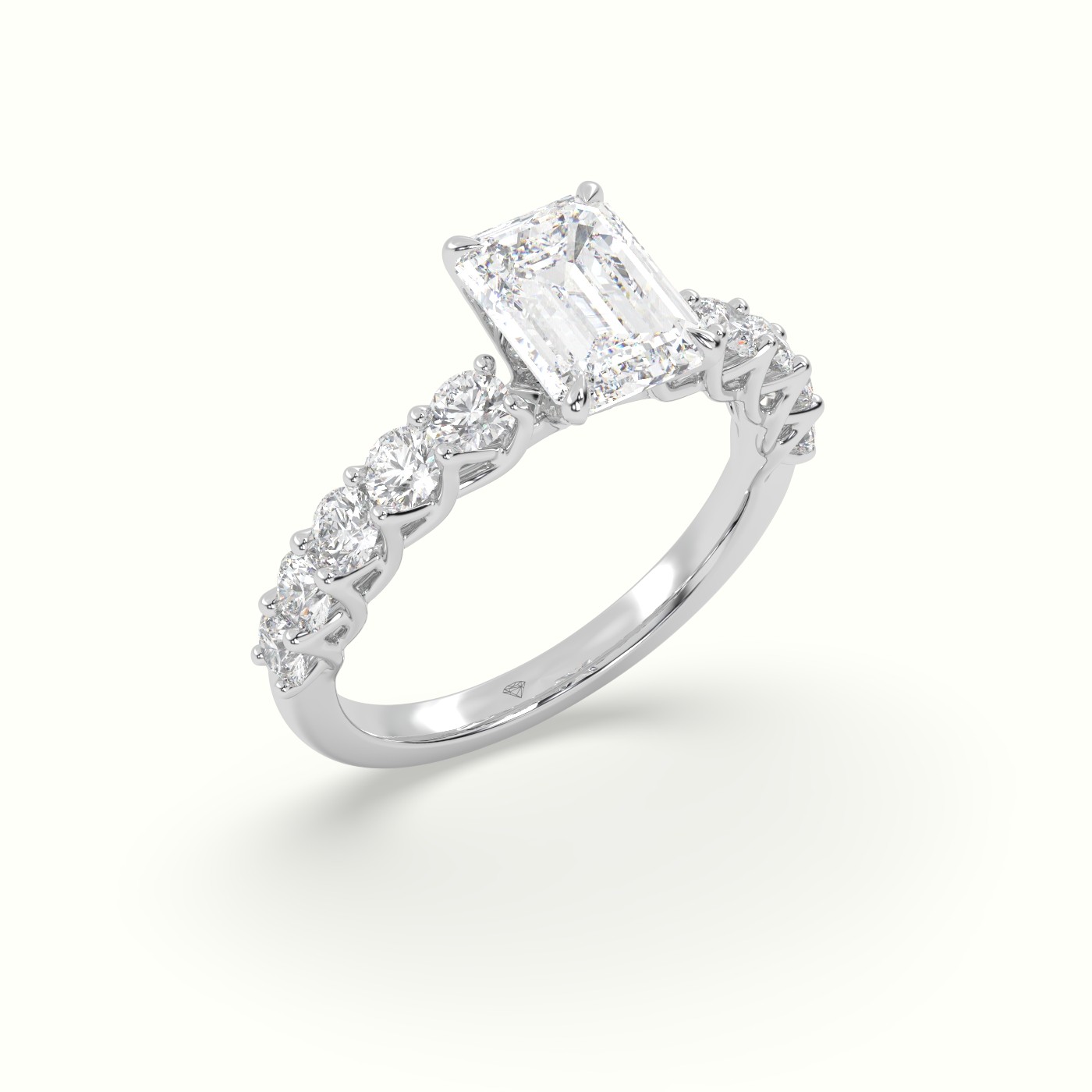 18K White Gold Emerald Cut Diamond Engagement Ring with Side Stones