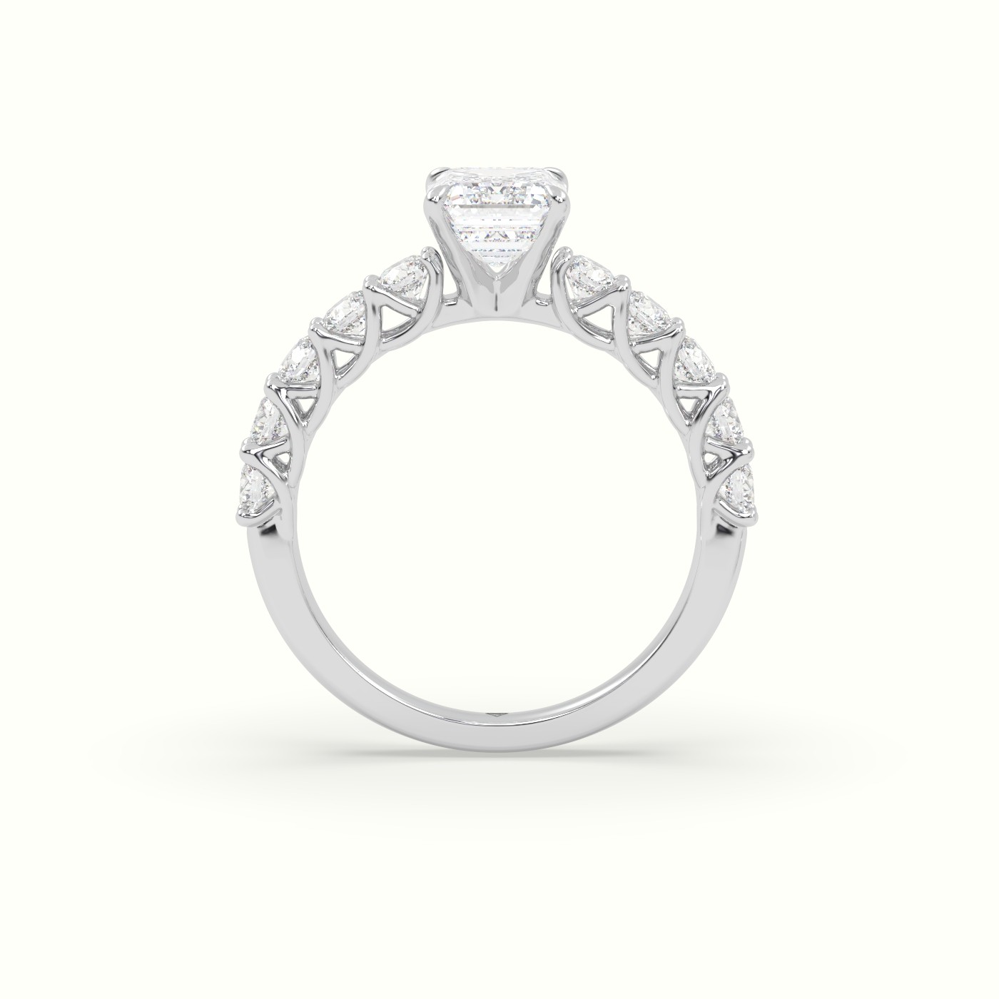 18K White Gold Emerald Cut Diamond Engagement Ring with Side Stones