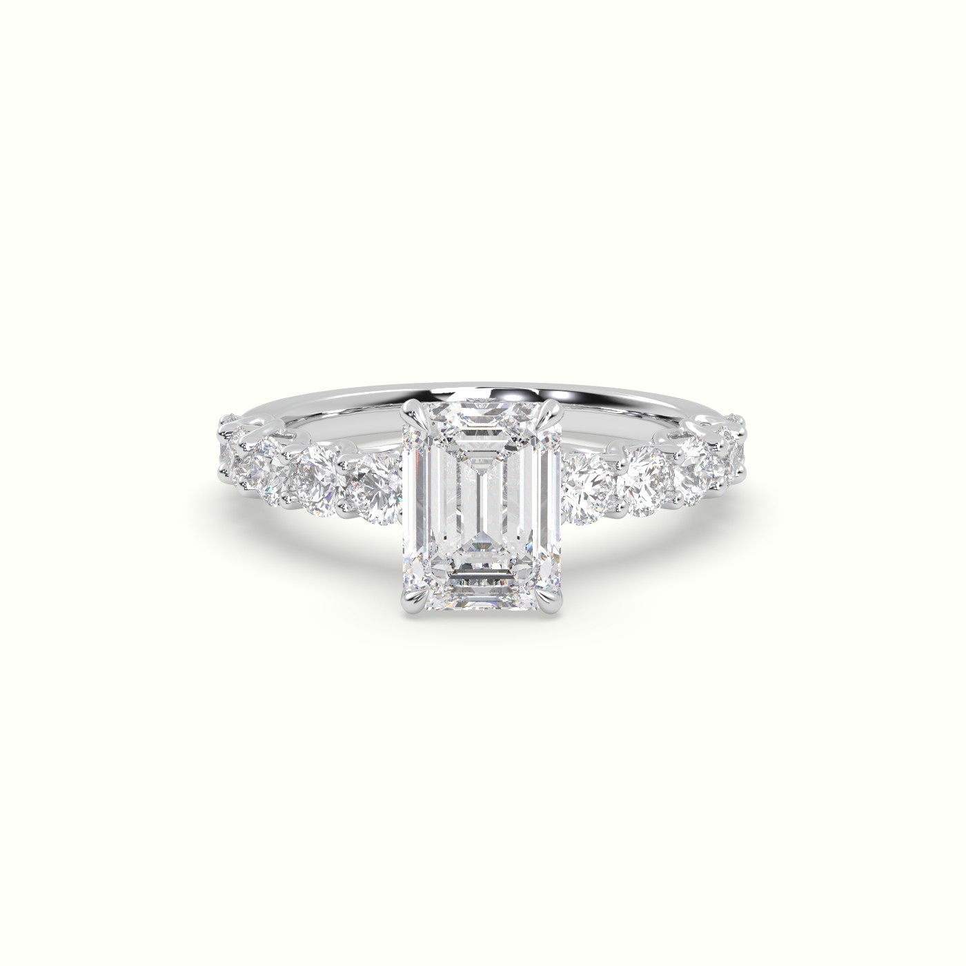 18K White Gold Emerald Cut Diamond Engagement Ring with Side Stones