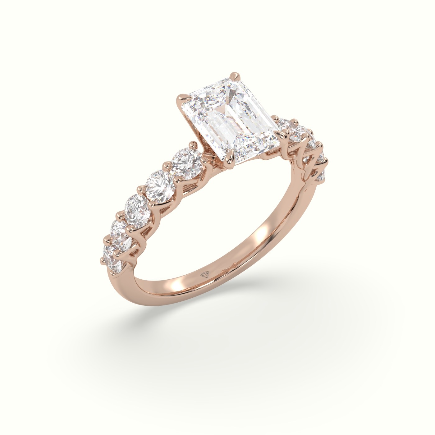 18K Rose Gold Emerald Cut Diamond Engagement Ring with Side Stones
