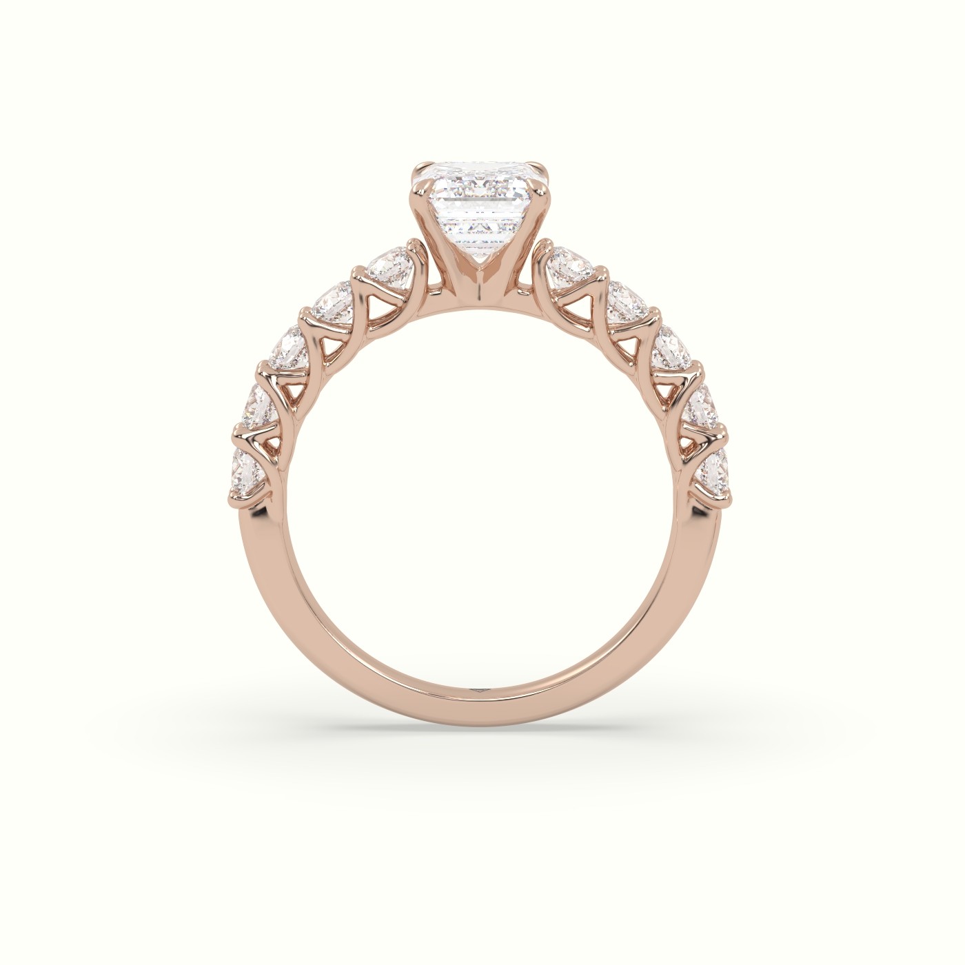 18K Rose Gold Emerald Cut Diamond Engagement Ring with Side Stones