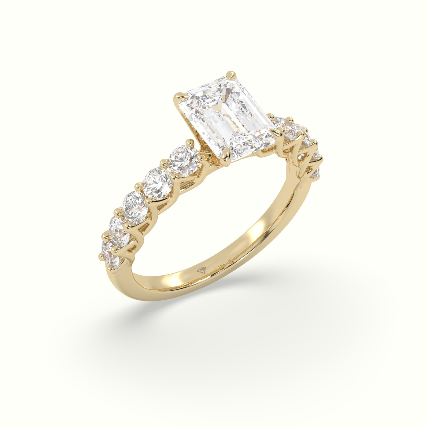 18K Yellow Gold Emerald Cut Diamond Engagement Ring with Side Stones