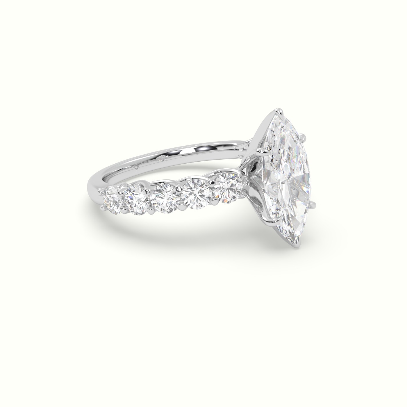 18K White Gold Marquise Cut Diamond Engagement Ring with Side Stones