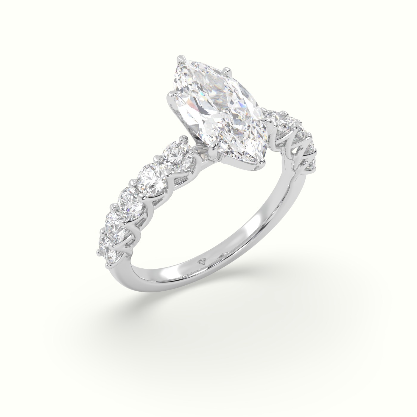 18K White Gold Marquise Cut Diamond Engagement Ring with Side Stones