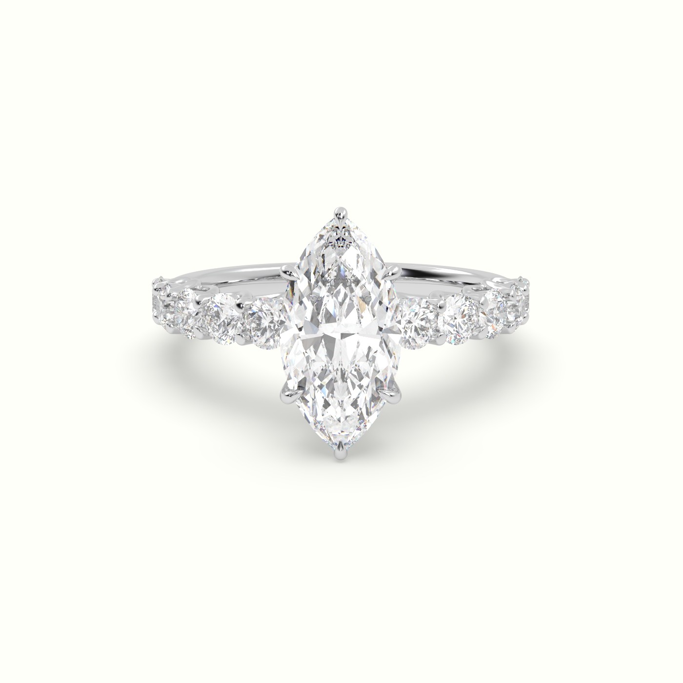 18K White Gold Marquise Cut Diamond Engagement Ring with Side Stones