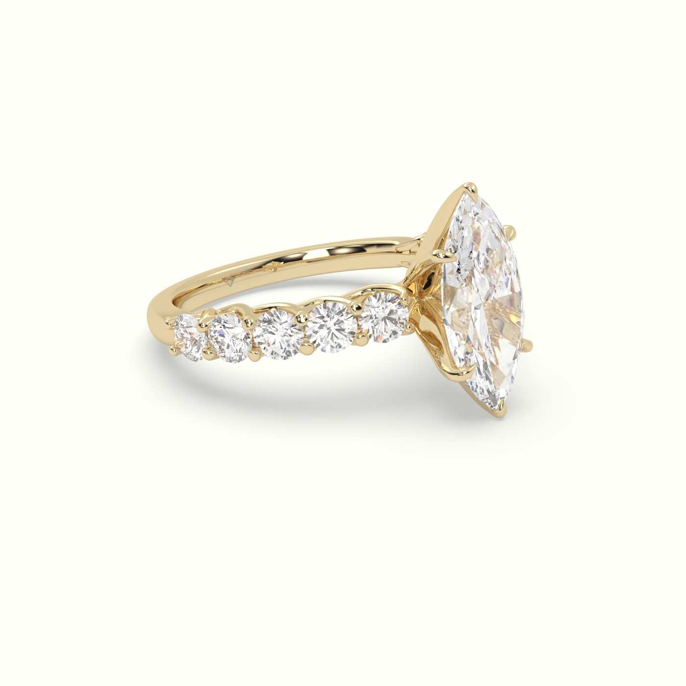 18K Yellow Gold Marquise Cut Diamond Engagement Ring with Side Stones